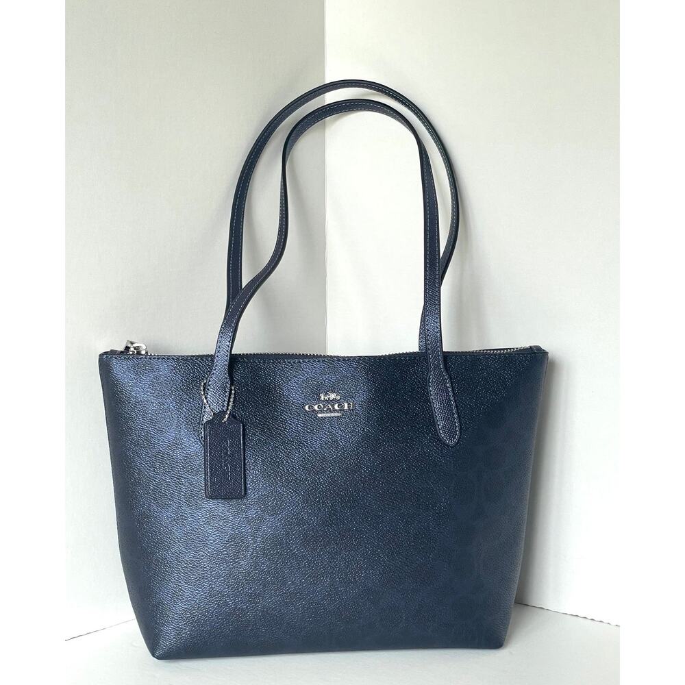 Coach Fiona Zip Tote CW396 Blue Pearlized Leather Canvas Medium - Picture 2 of 13